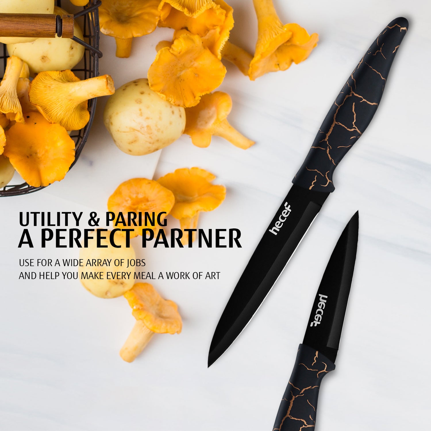 hecef 5 PCS Non-stick Coated Kitchen Knife Set with PP Handle and Protective Sheath, Exclusive Black Chef knife set, Scratch Resistance & Rust Proof (Lightning pattern) - Hecef Kitchen