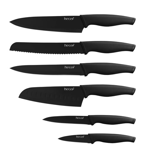 Hecef Black Oxide Knife Set of 6 with Matching Blade Protective Sheath, Black Kitchen Knife Set, Scratch Resistant & Rust Proof, Hard Stainless Steel, Non Stick Black Color Coating Blade Knives - Hecef Kitchen