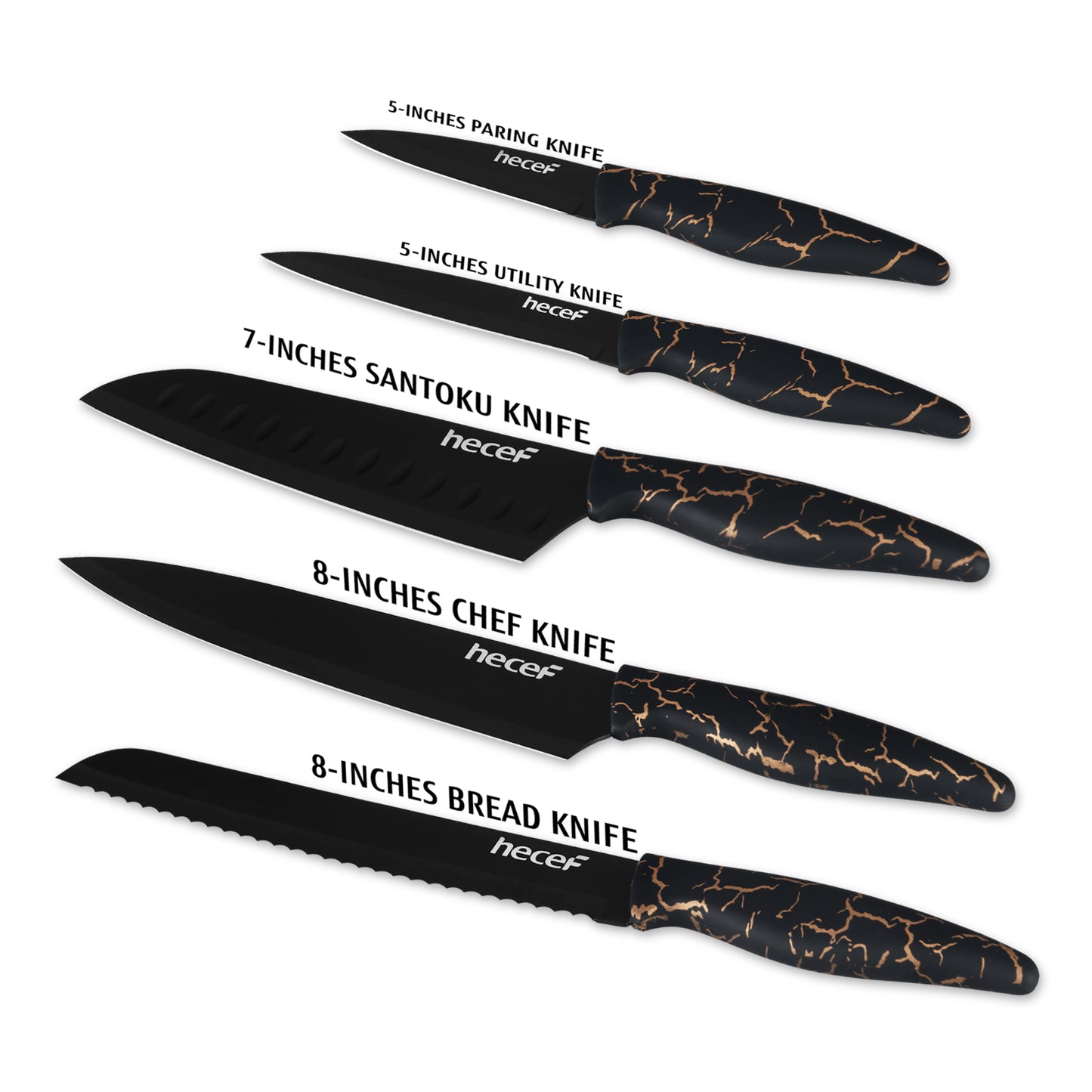 hecef 5 PCS Non-stick Coated Kitchen Knife Set with PP Handle and Protective Sheath, Exclusive Black Chef knife set, Scratch Resistance & Rust Proof (Lightning pattern) - Hecef Kitchen