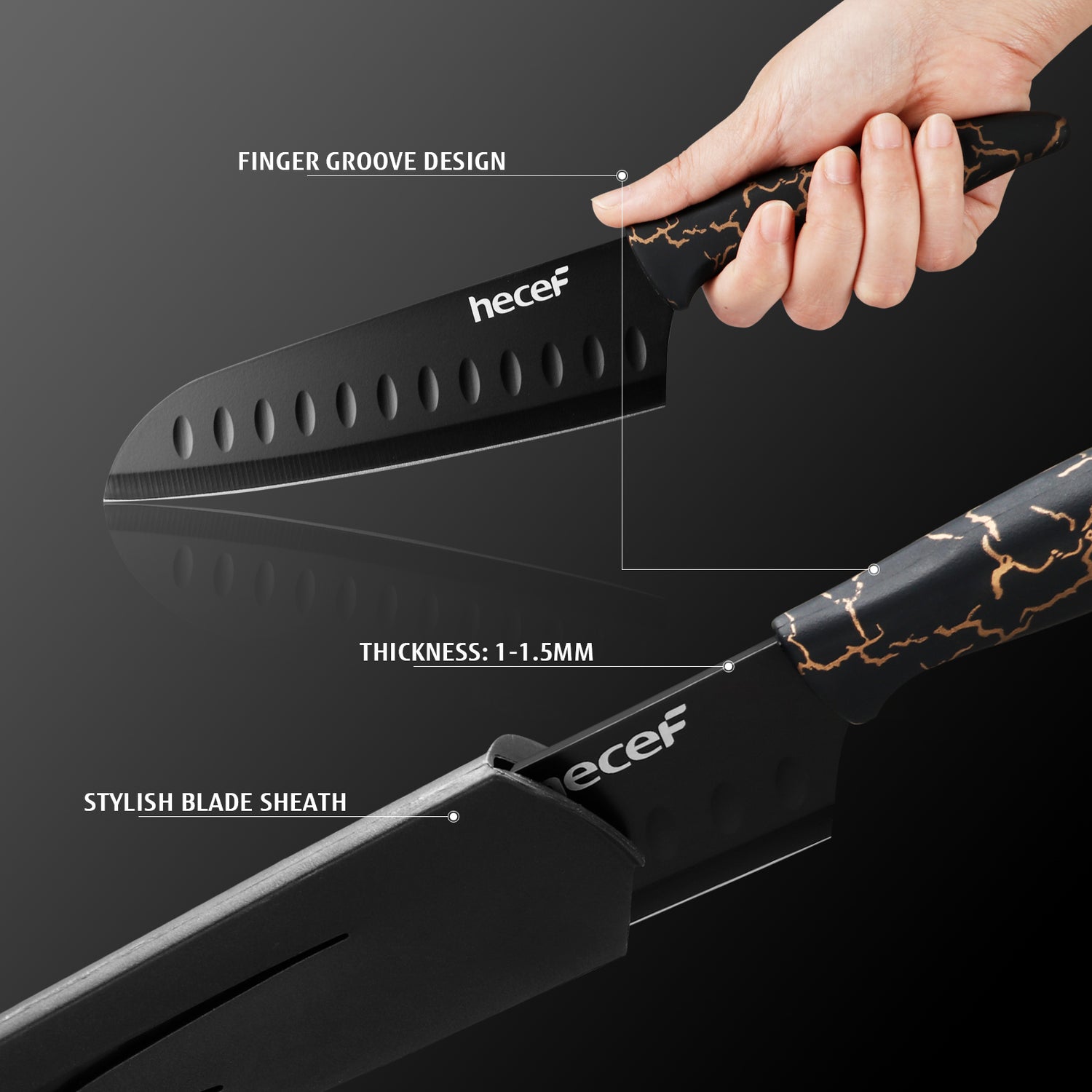 hecef 5 PCS Non-stick Coated Kitchen Knife Set with PP Handle and Protective Sheath, Exclusive Black Chef knife set, Scratch Resistance & Rust Proof (Lightning pattern) - Hecef Kitchen