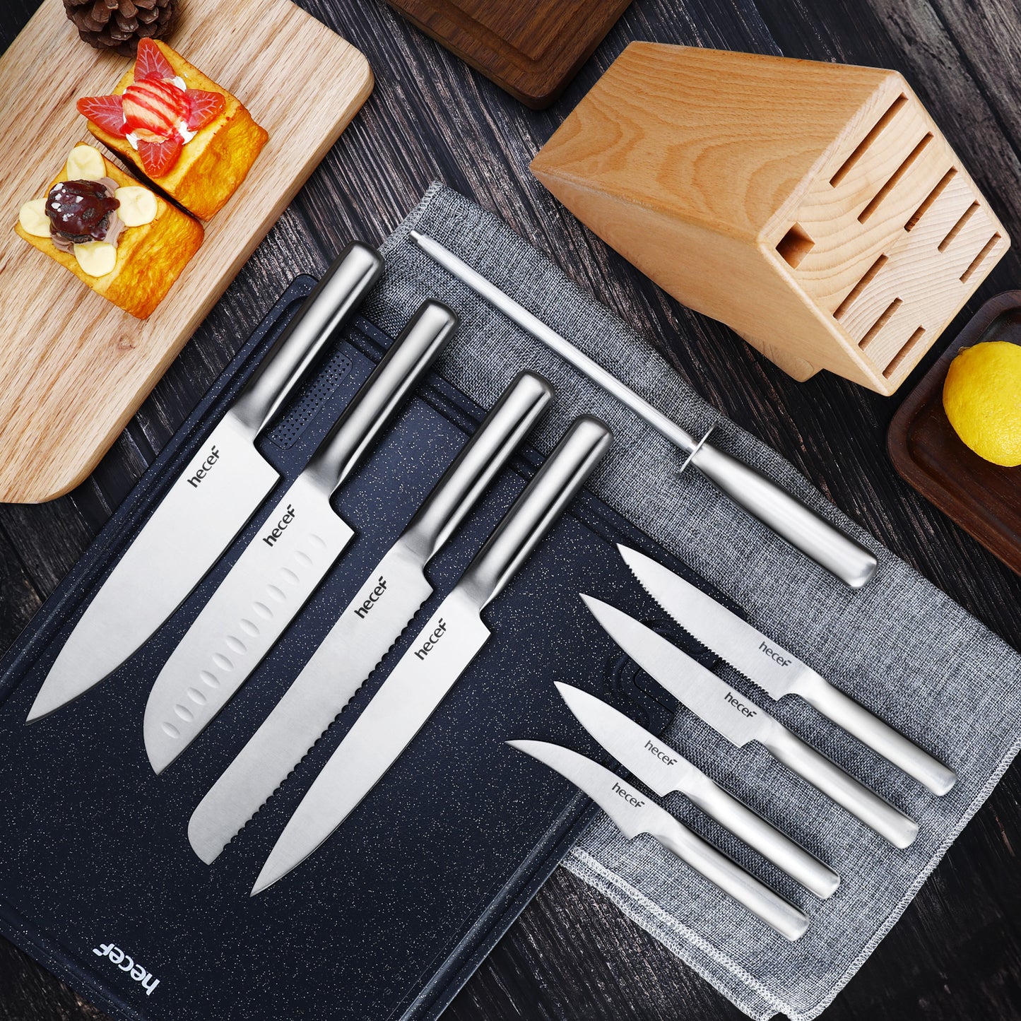 hecef Block Knife Set, 10 Piece Kitchen Knife Set with Wooden Block & Sharpening Bar, Stainless Steel Chef Knife Set with Steak Knives - Hecef Kitchen