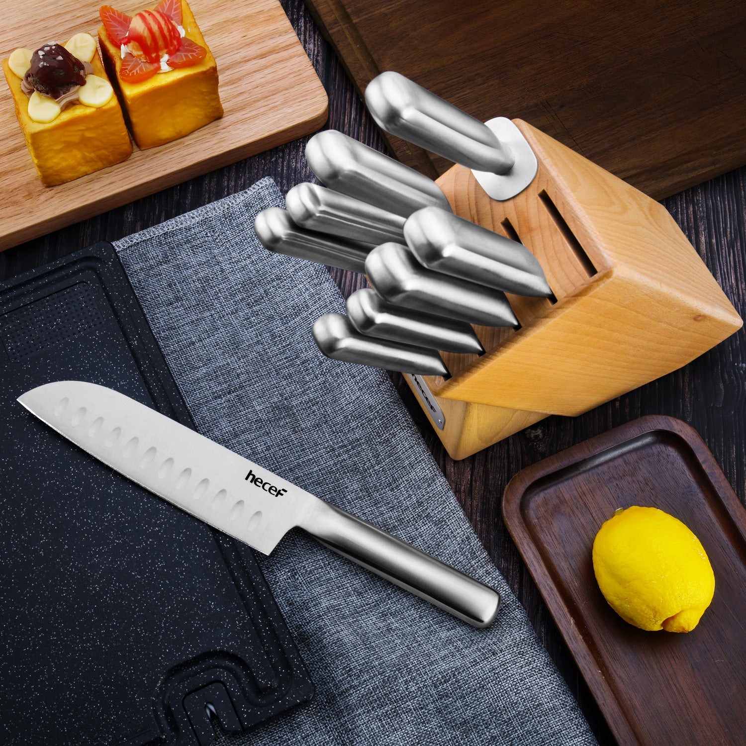 Hecef 14pcs Kitchen Knife Set High Carbon Stainless Steel Cutlery Gift Set with Wooden Block, Size: One size, Yellow