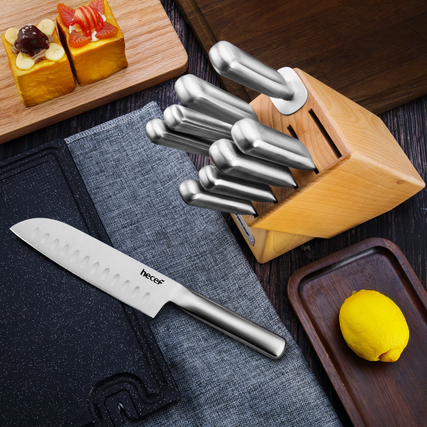 hecef Kitchen Knife Block Set, 14 Pieces Knife Set with Wooden Block &  Sharpener Steel & All-purpose Scissors, High Carbon Stainless Steel Cutlery