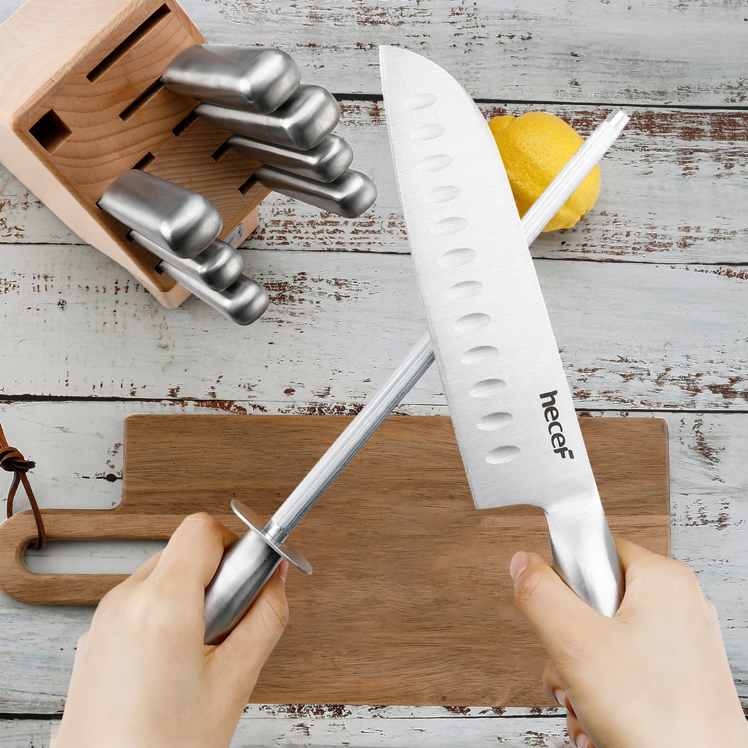 Hecef Kitchen Knife Set of 10 with Knife Block & Honing Steel - Hecef Kitchen