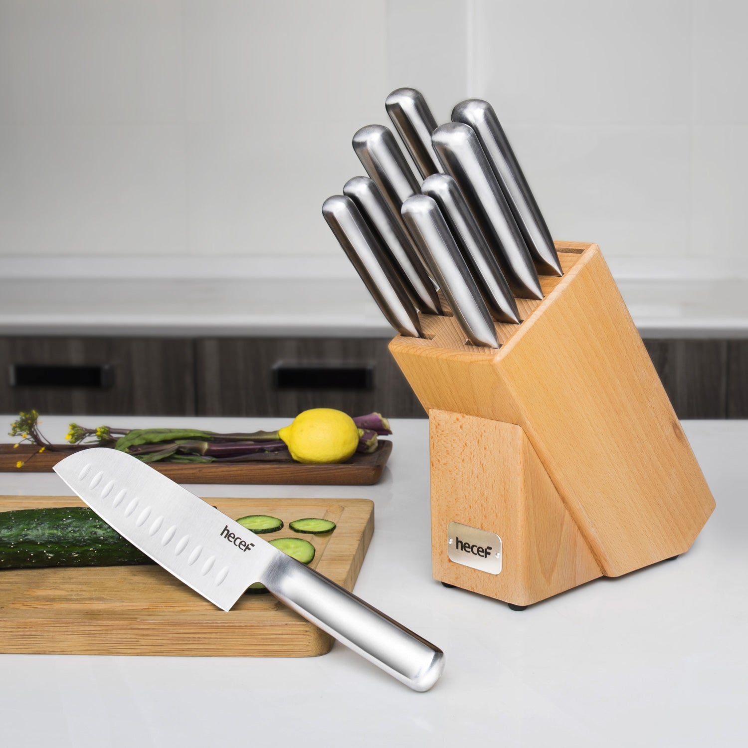 hecef Kitchen Knife Block Set, 14 Pieces Knife Set with Wooden Block &  Sharpener Steel & All-purpose Scissors, High Carbon Stainless Steel Cutlery