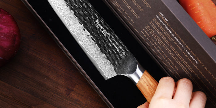8" Professional Damascus Ultra Sharp Japanese Chef Knife with Ergonomic Olive Wood Handle, High Carbon Stainless Steel Kitchen Cooking Knife, Elegant Gift Box - Hecef Kitchen