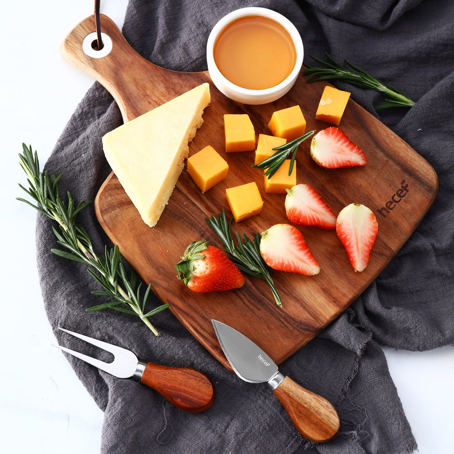 hecef Cheese Board set of 3,a Acacia Wood Cheese Plate & a Cheese Knife & a Cheese Fork, Cheese Platter Slate Board Cheese Serving Board (Cheese board with 2 knives) - Hecef Kitchen