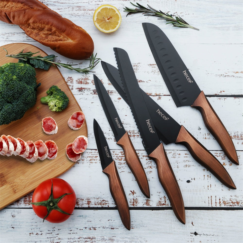 Hecef Kitchen Retro Black Bronze Knife Set of 5 with Knife Sheaths - Hecef Kitchen