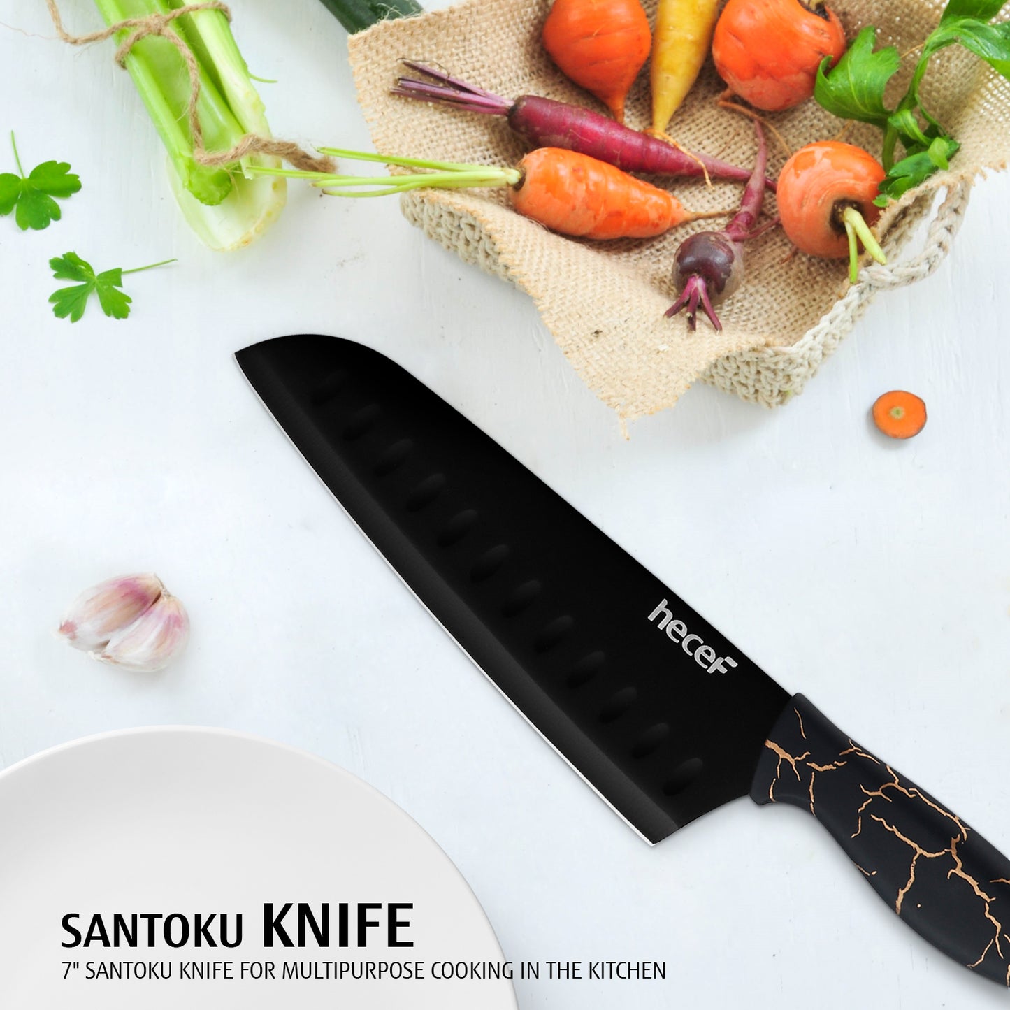 hecef 5 PCS Non-stick Coated Kitchen Knife Set with PP Handle and Protective Sheath, Exclusive Black Chef knife set, Scratch Resistance & Rust Proof (Lightning pattern) - Hecef Kitchen