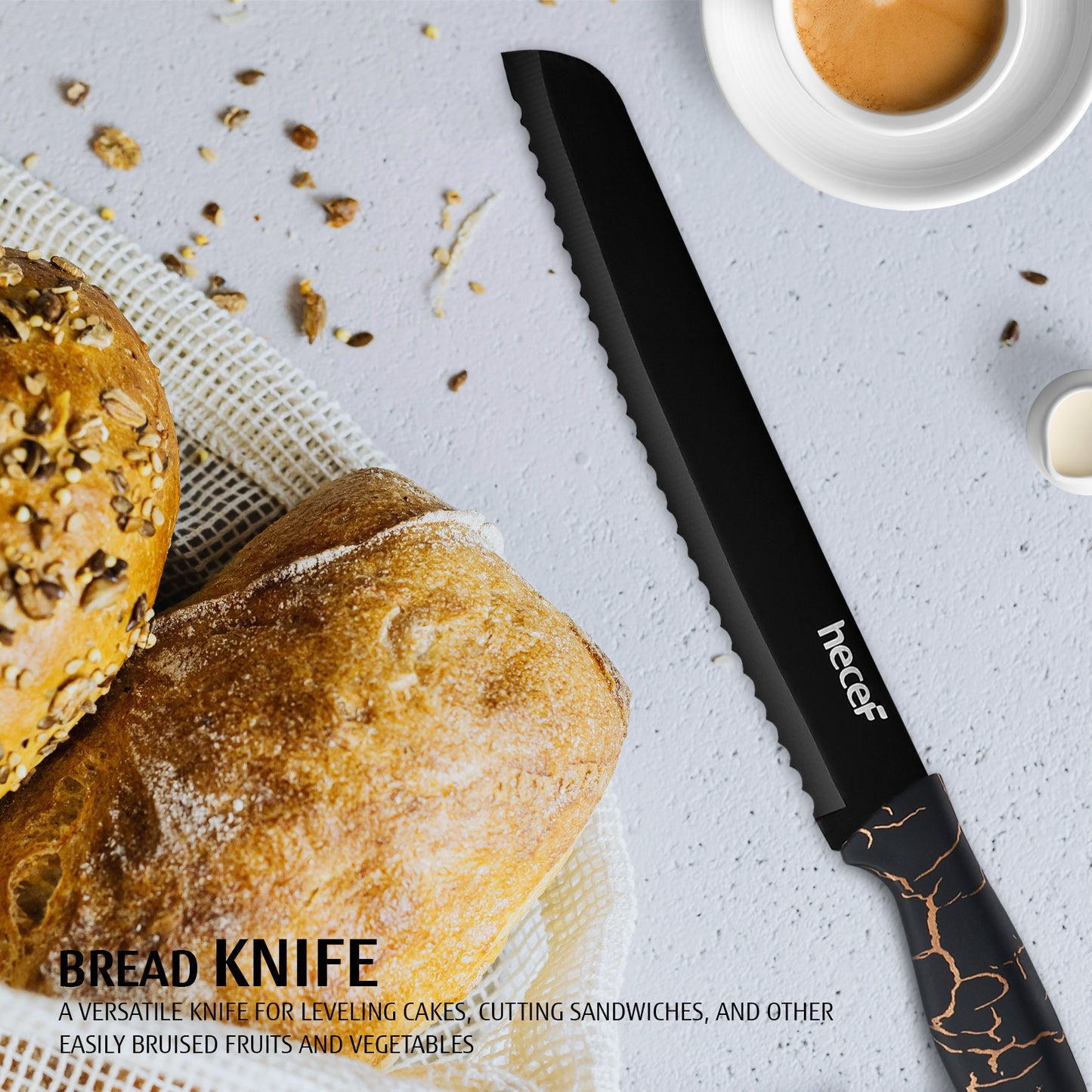 hecef 5 PCS Non-stick Coated Kitchen Knife Set with PP Handle and Protective Sheath, Exclusive Black Chef knife set, Scratch Resistance & Rust Proof (Lightning pattern) - Hecef Kitchen