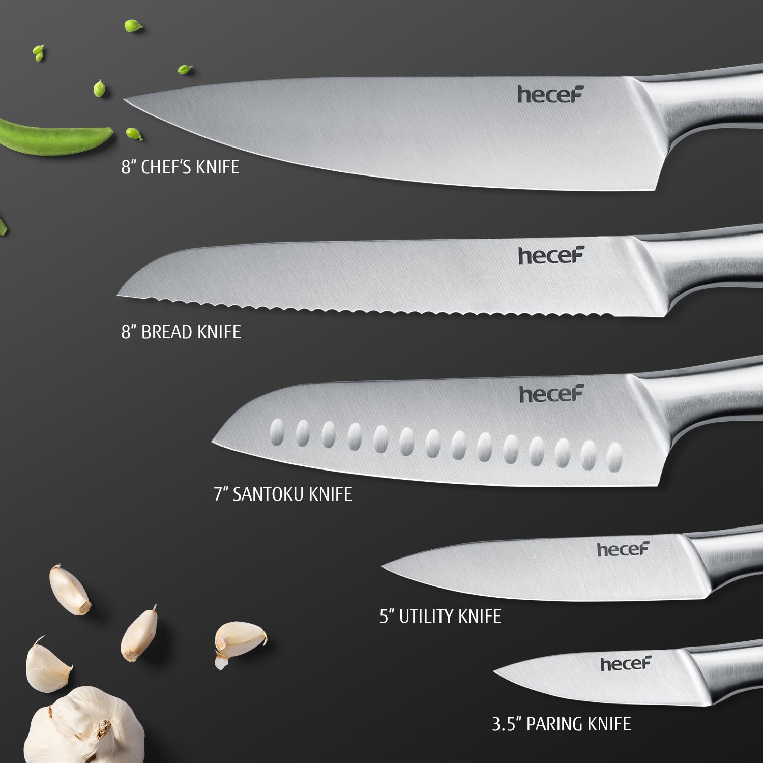 hecef Silver Kitchen knife set of 5, Satin Finish Blade with Hollow Handle, includes 8" Chef, 8"Bread, 8"Santoku, 5"Utility and 3.5"paring knife - Hecef Kitchen
