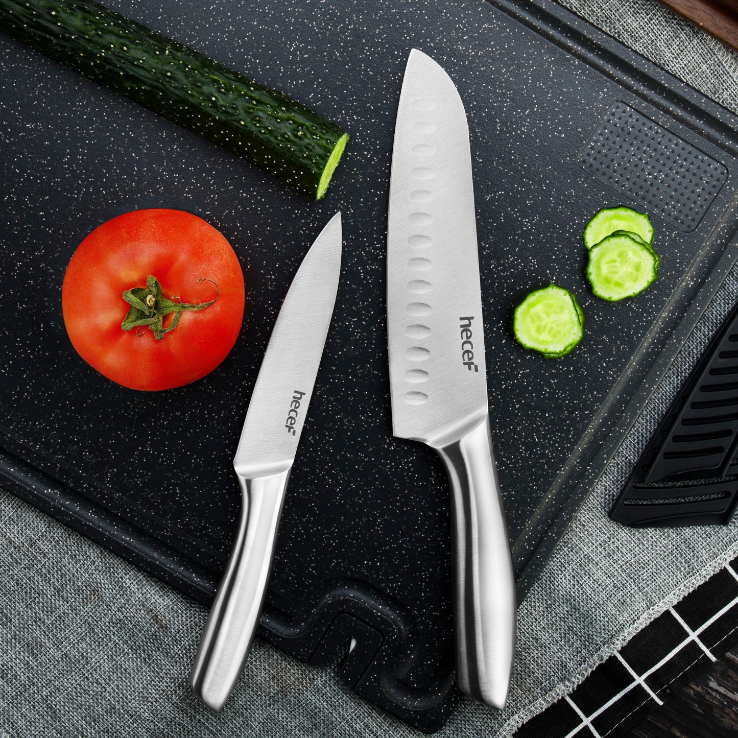 Hecef Kitchen All-Metal Silver Satin Knife Set of 5 with Sheaths - Hecef Kitchen