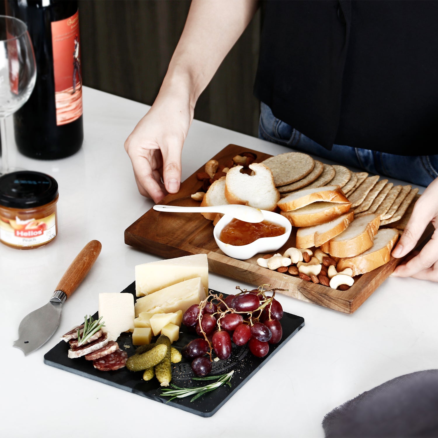 Hecef Acacia Wooden Cheese Board Gift Set with Black Slate & Knife - Hecef Kitchen