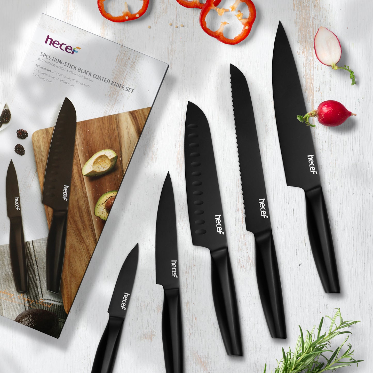 Hecef Silver Kitchen Knife Set of 5, Satin Finish Blade with Hollow Handle, Includes 8 Chef, 8 Bread, 8 Santoku, 5 Utility and 3.5 Paring Knife