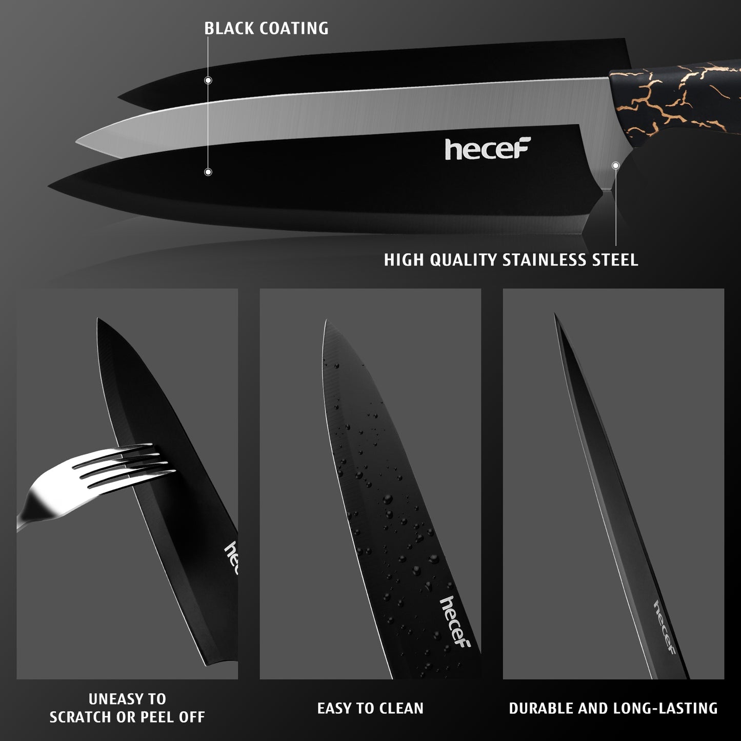 hecef 5 PCS Non-stick Coated Kitchen Knife Set with PP Handle and Protective Sheath, Exclusive Black Chef knife set, Scratch Resistance & Rust Proof (Lightning pattern) - Hecef Kitchen