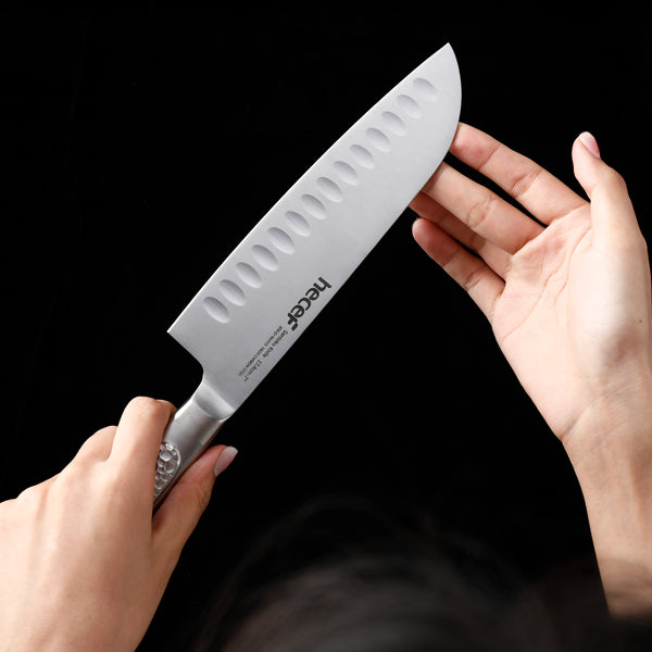 hecef 7 inch Santoku knife High Carbon Stainless Steel Japanese Chef Knife with Hammered Hollow Handle, Ultra Sharp Asian Chopping Kitchen Knife for Meat & Fish & Vegetable & Fruit - Hecef Kitchen