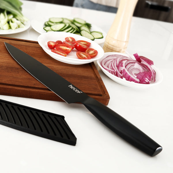 hecef 5 Pieces Black Coated Knife Set with Hollow Handles, Kitchen Knife Set with Protective Sheaths, Non-Stick Black Coating Blade Knives - Hecef Kitchen
