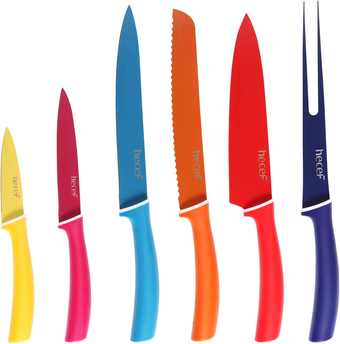 hecef Colourful knife set of 6 super sharp non-stick stainless steel knives with blade guard guards (pure colour coated) - Hecef Kitchen