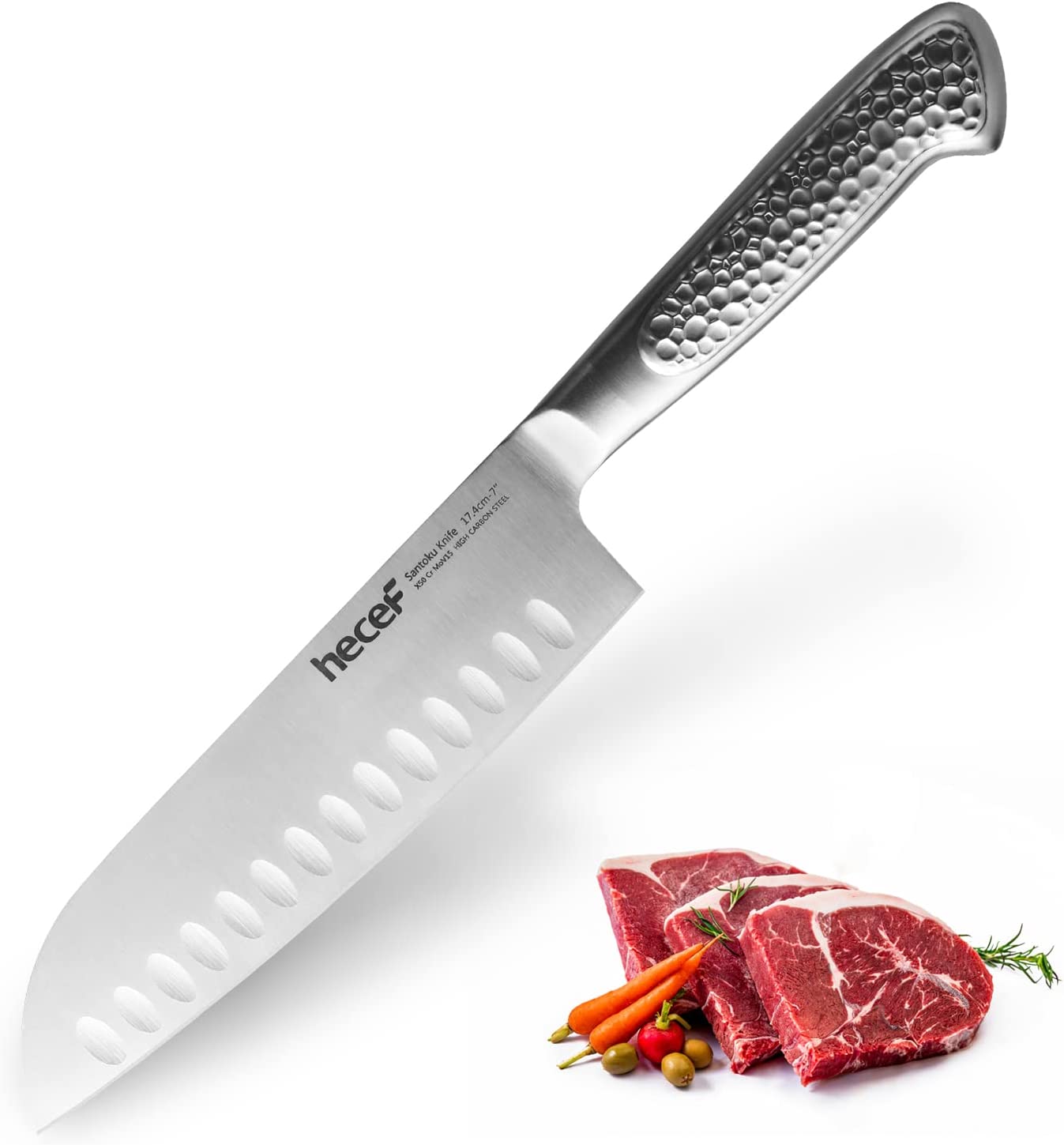 hecef 7 inch Santoku knife High Carbon Stainless Steel Japanese Chef Knife with Hammered Hollow Handle, Ultra Sharp Asian Chopping Kitchen Knife for Meat & Fish & Vegetable & Fruit - Hecef Kitchen