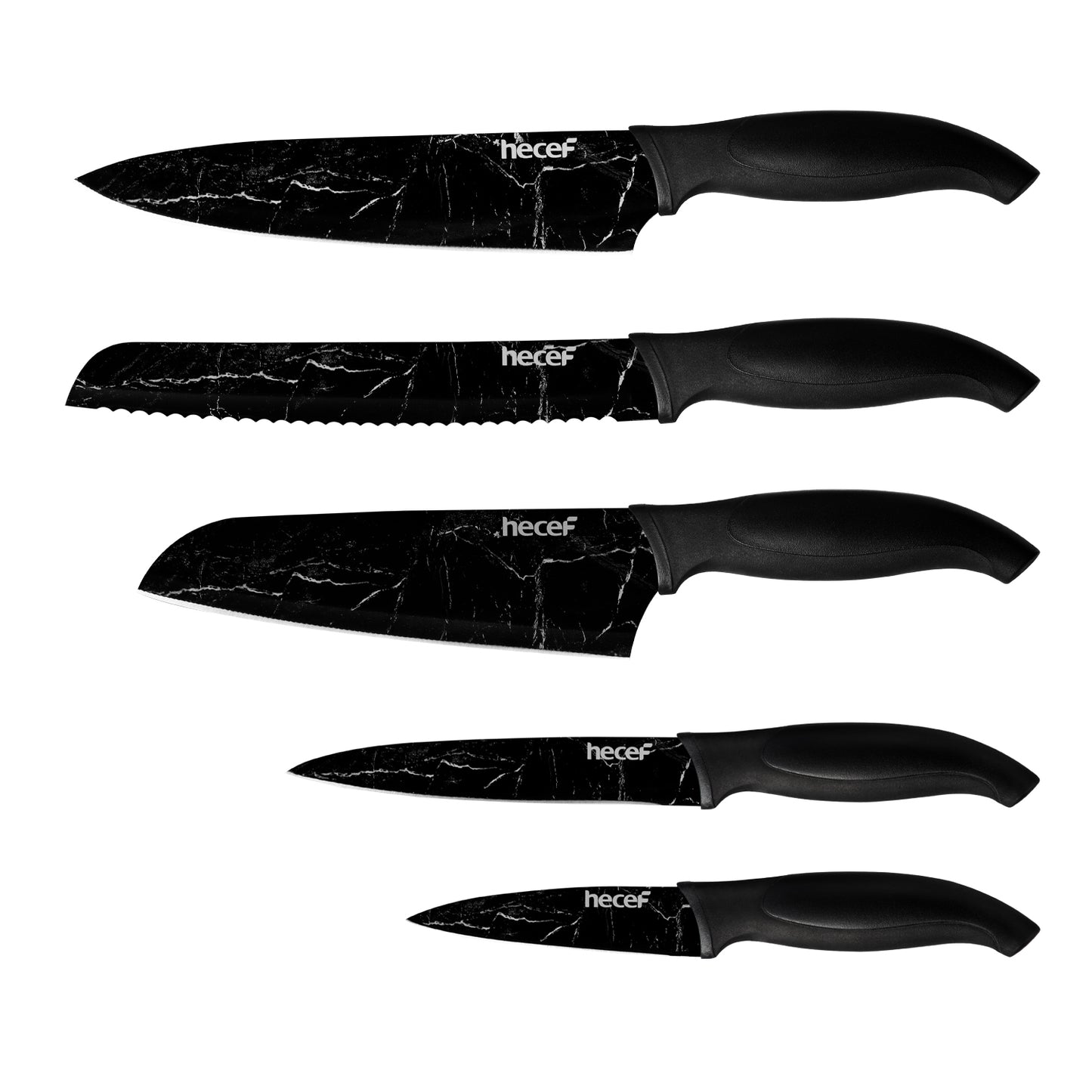 hecef Marble Pattern Kitchen Knife Set of 5, Premium Stainless Steel Blade with Ergonomic Handle（PP+TPR Material）includes Santoku, Chef, Bread, Utility and Paring Knife - Hecef Kitchen