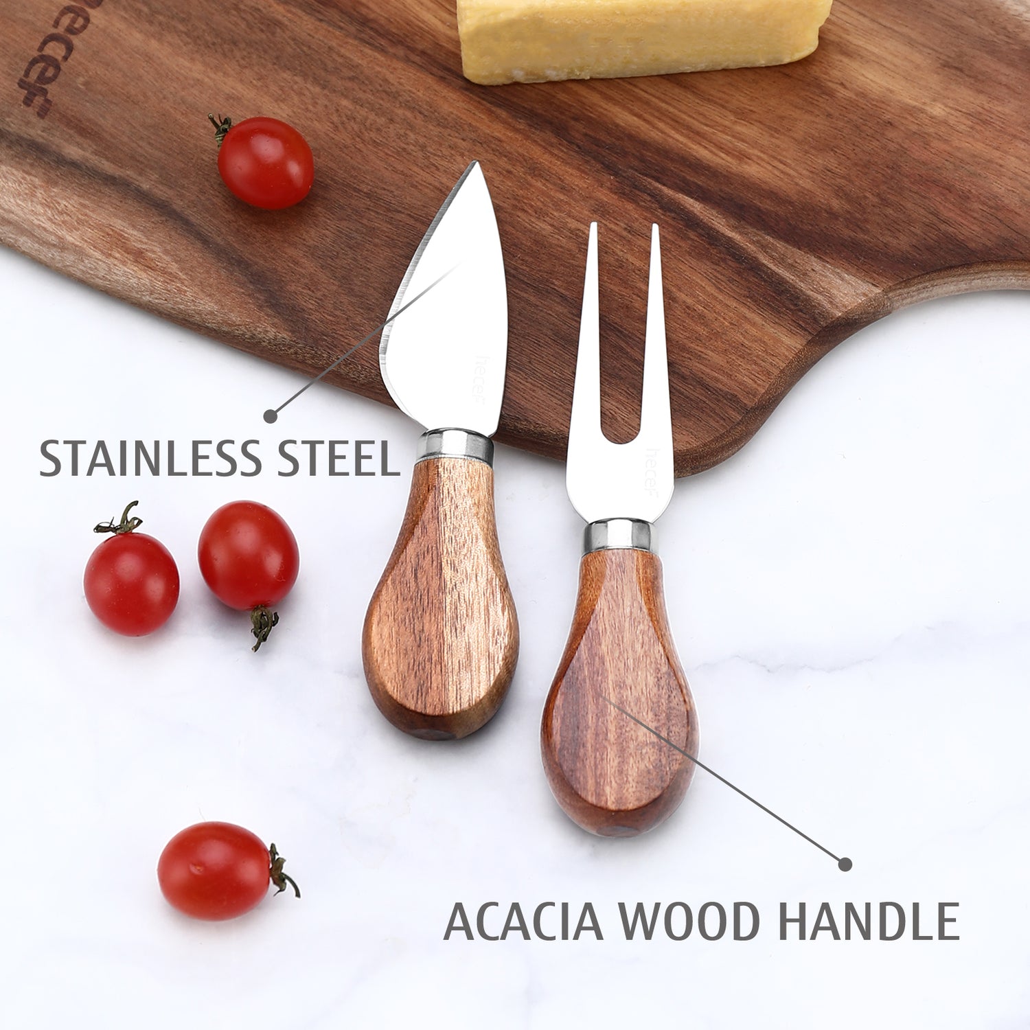 Hecef Acacia Wooden Cheese Board Gift Set with Cheese Knife & Fork - Hecef Kitchen
