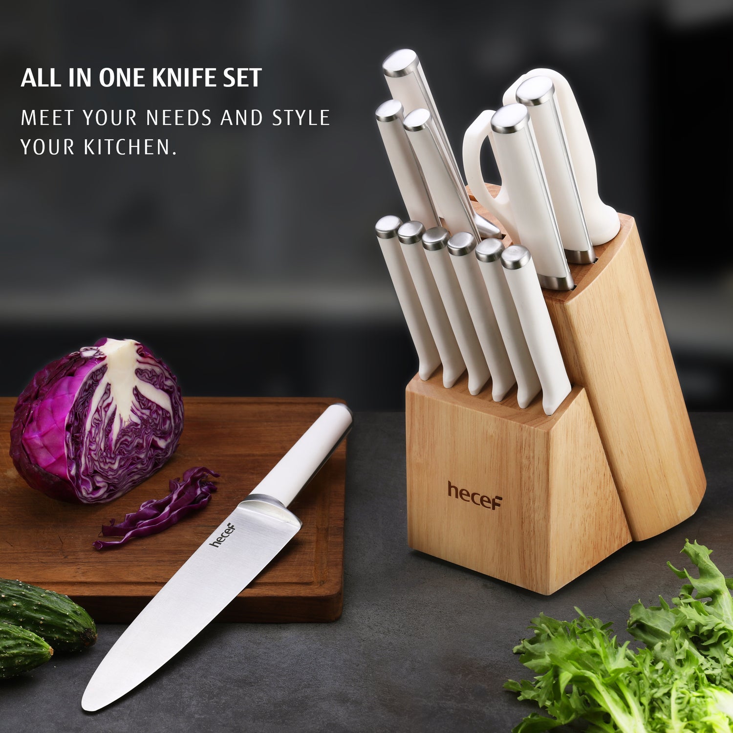 Hecef 15 PCS White Kitchen Knife Set with Wooden Block, Stainless Steel Ultra Sharp Kitchen Knife Set with 6 PCS Steak Knives, Meat Scissors, Sharpener Steel, Red Dot Design Award Winner 2022 - Hecef Kitchen