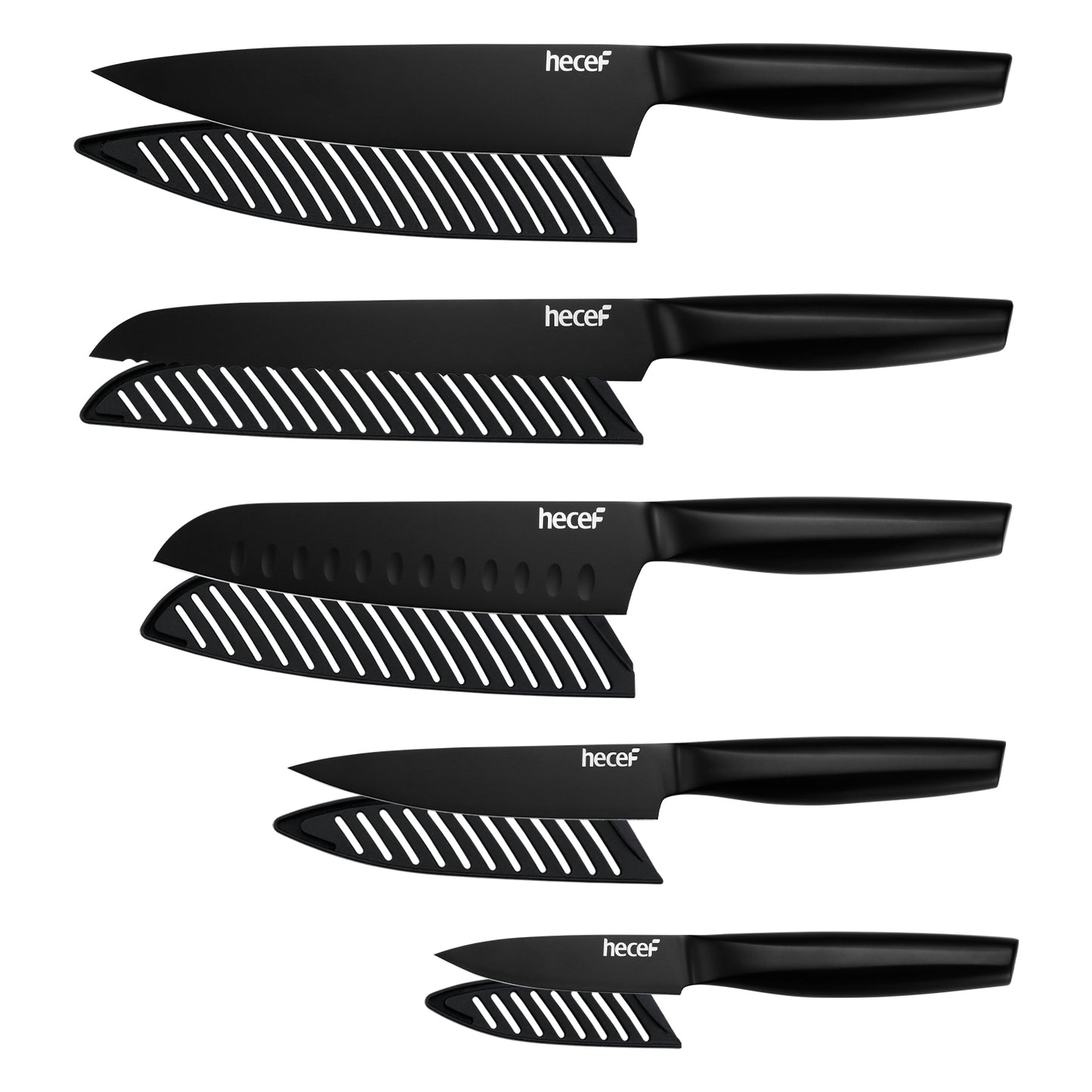 Hecef 5 Pcs Kitchen Knife Set, Gradient Black All Metal One-piece