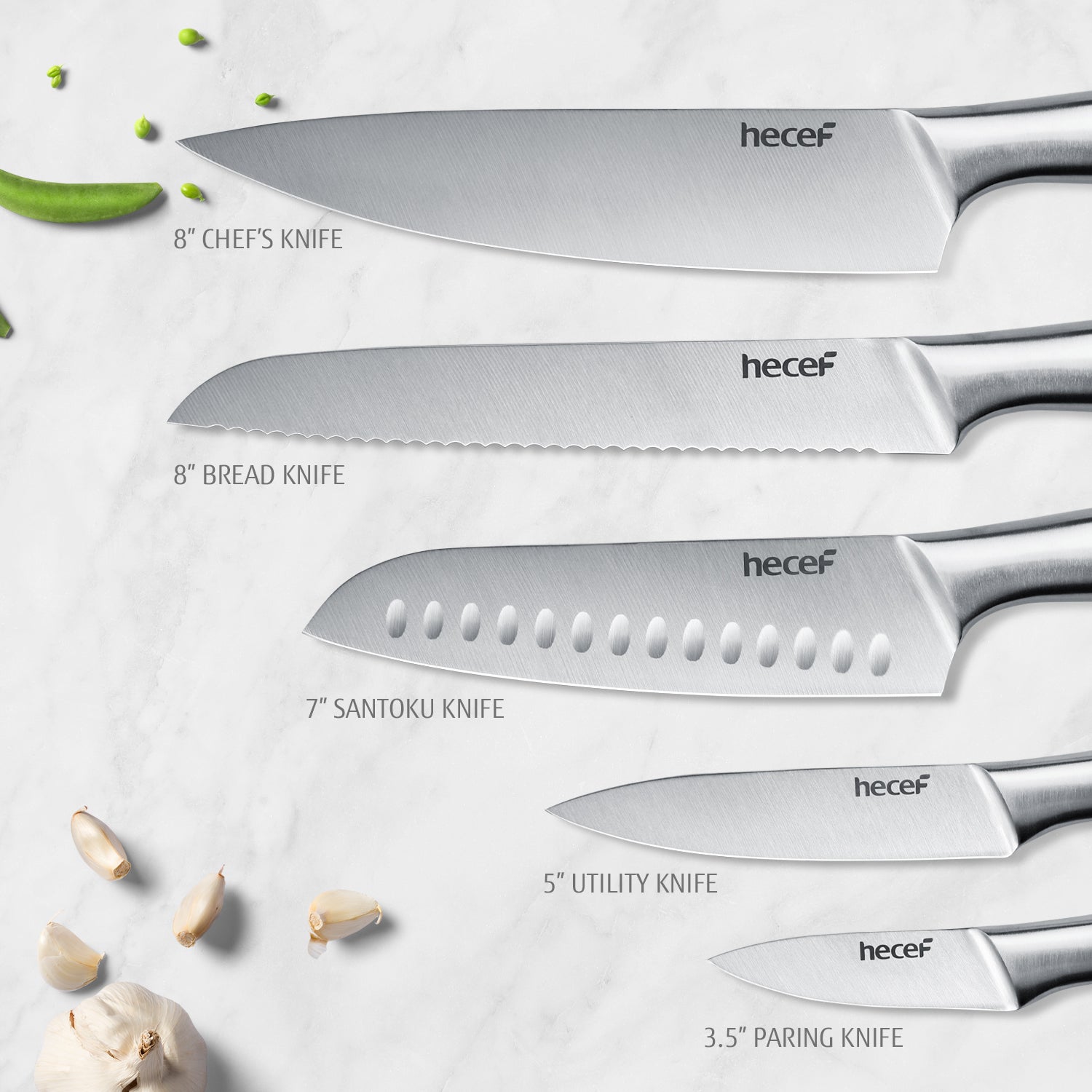 Hecef Kitchen Silver Satin Hollow Handle Knife Set of 5 with Sheaths - Hecef Kitchen