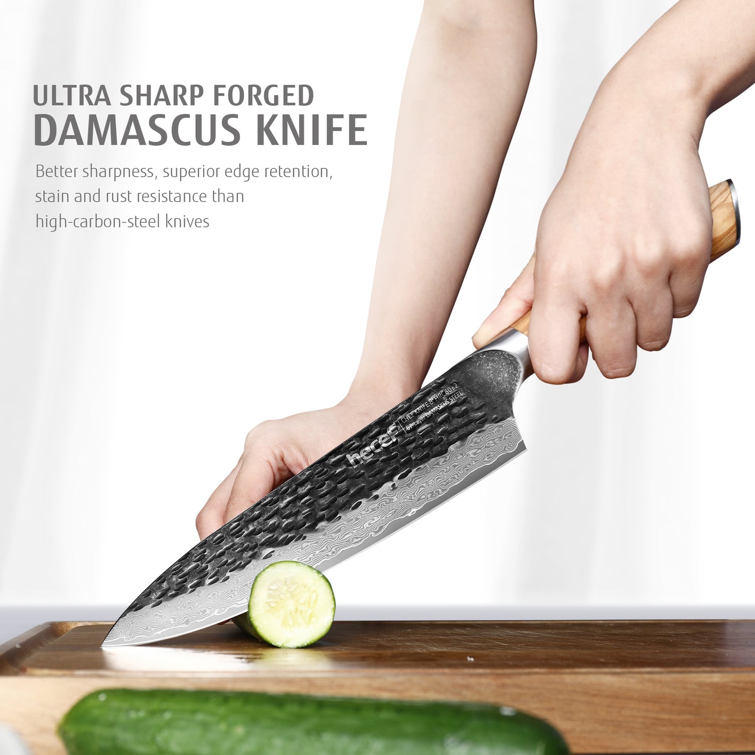 8" Professional Damascus Ultra Sharp Japanese Chef Knife with Ergonomic Olive Wood Handle, High Carbon Stainless Steel Kitchen Cooking Knife, Elegant Gift Box - Hecef Kitchen