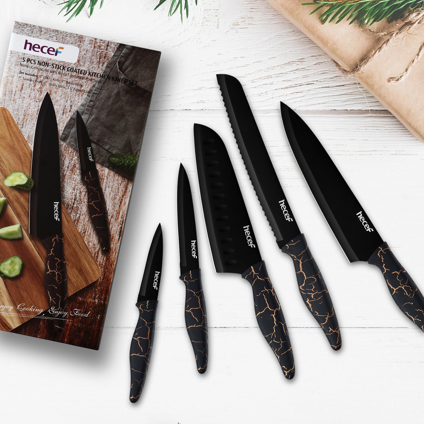 hecef 5 PCS Non-stick Coated Kitchen Knife Set with PP Handle and Protective Sheath, Exclusive Black Chef knife set, Scratch Resistance & Rust Proof (Lightning pattern) - Hecef Kitchen