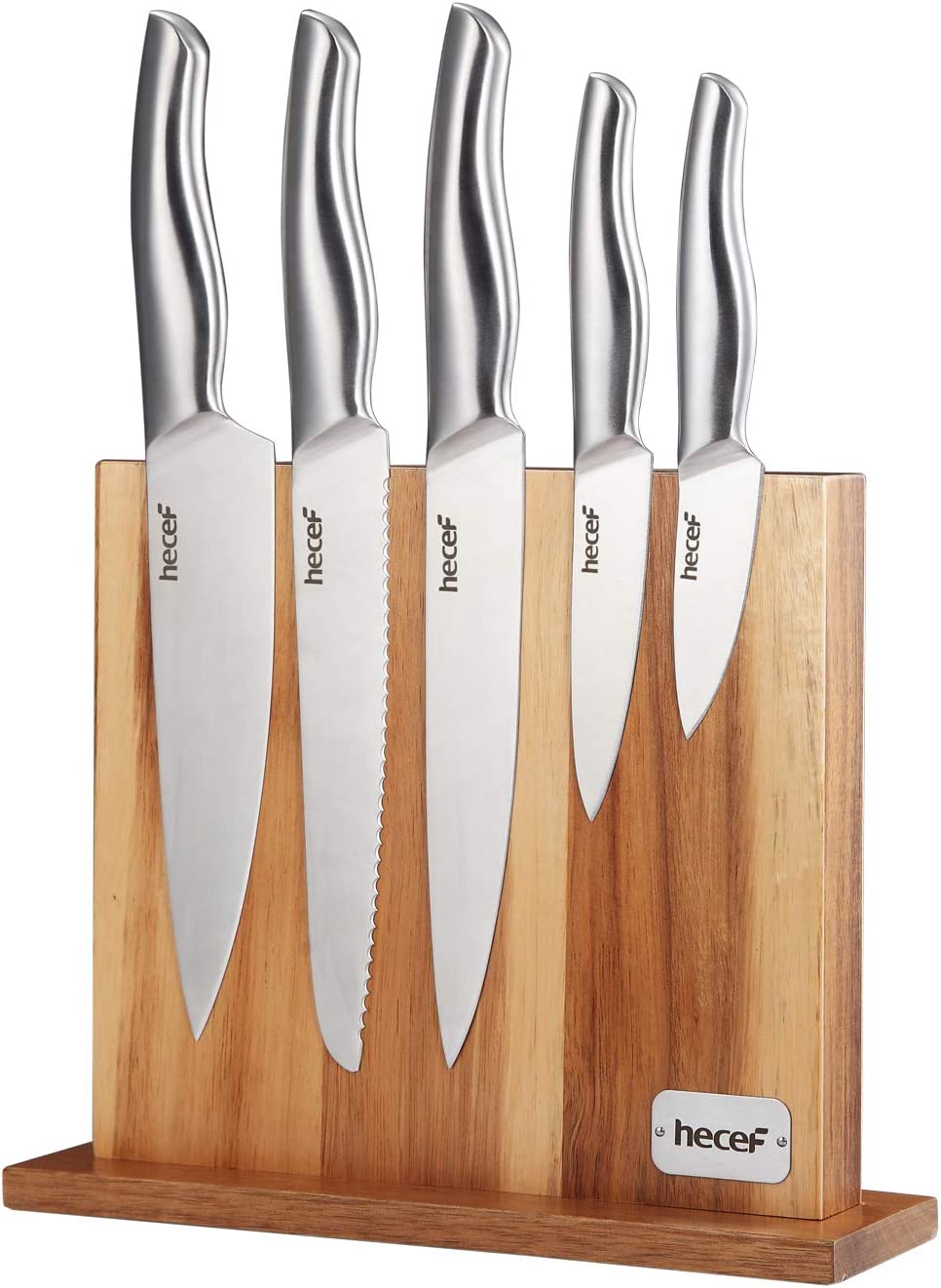 hecef 6 Pcs Knife Set with Stand, Double Sided Powerful Magenetic Acacia Wood Block, All Metal Construction Stainless Stain Hollow with Tapper Base Knife Gift Set - Hecef Kitchen