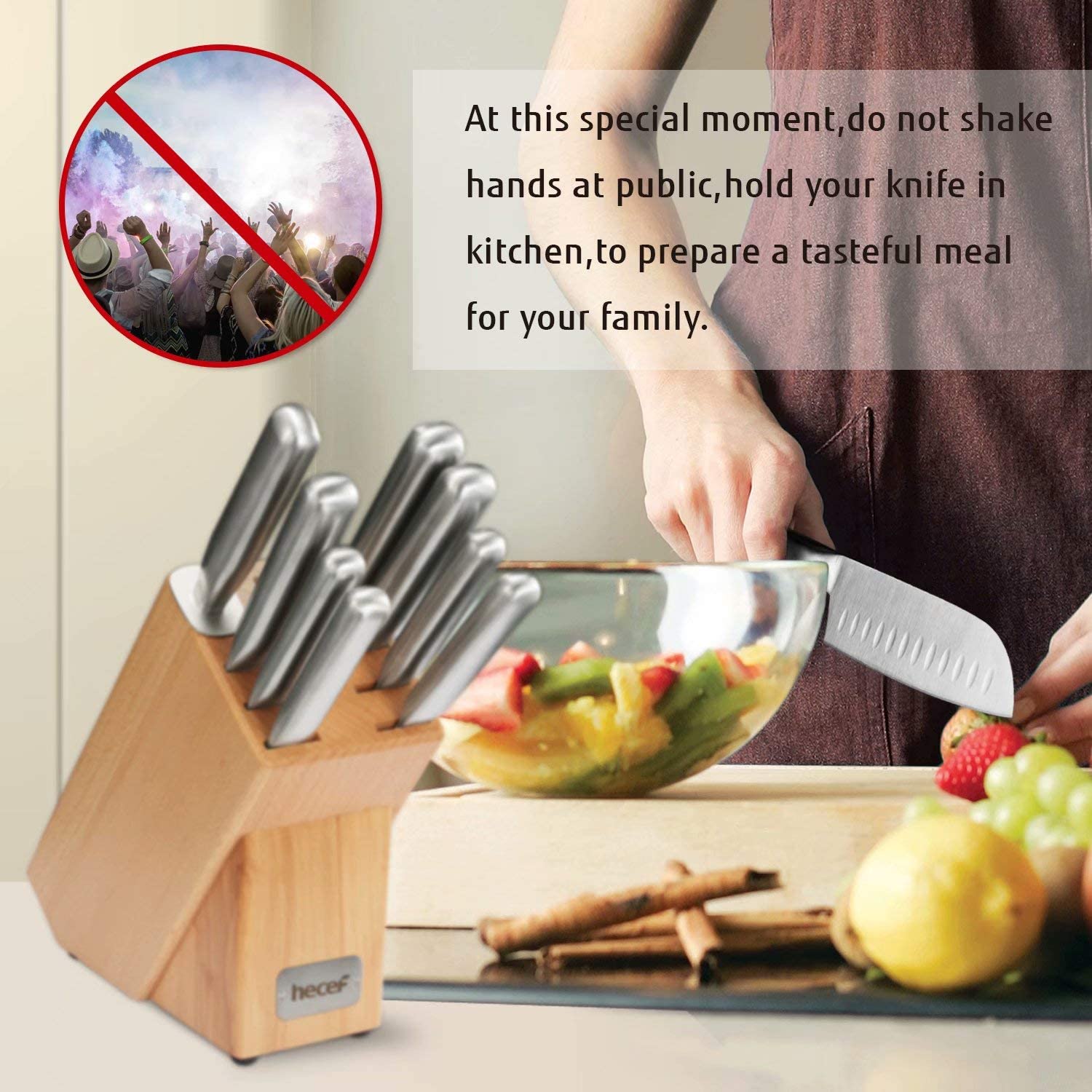 Hecef Kitchen Knife Block Set, 14 Pieces Knife Set with Wooden Block 