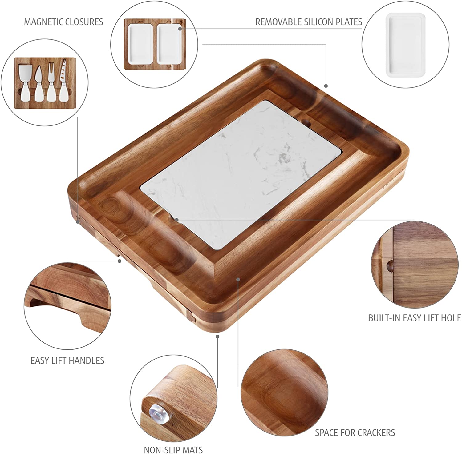 hecef Cheese Board Set Acacia Wood - Large Charcuterie Board with Stainless Steel Knife Set, Thick Wooden Server - Fancy House Warming Gift, Birthday Present & Perfect Choice for Gourmets - Hecef Kitchen