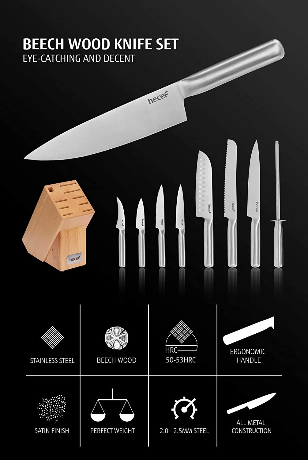 hecef Block Knife Set, 10 Piece Kitchen Knife Set with Wooden Block & Sharpening Bar, Stainless Steel Chef Knife Set with Steak Knives - Hecef Kitchen