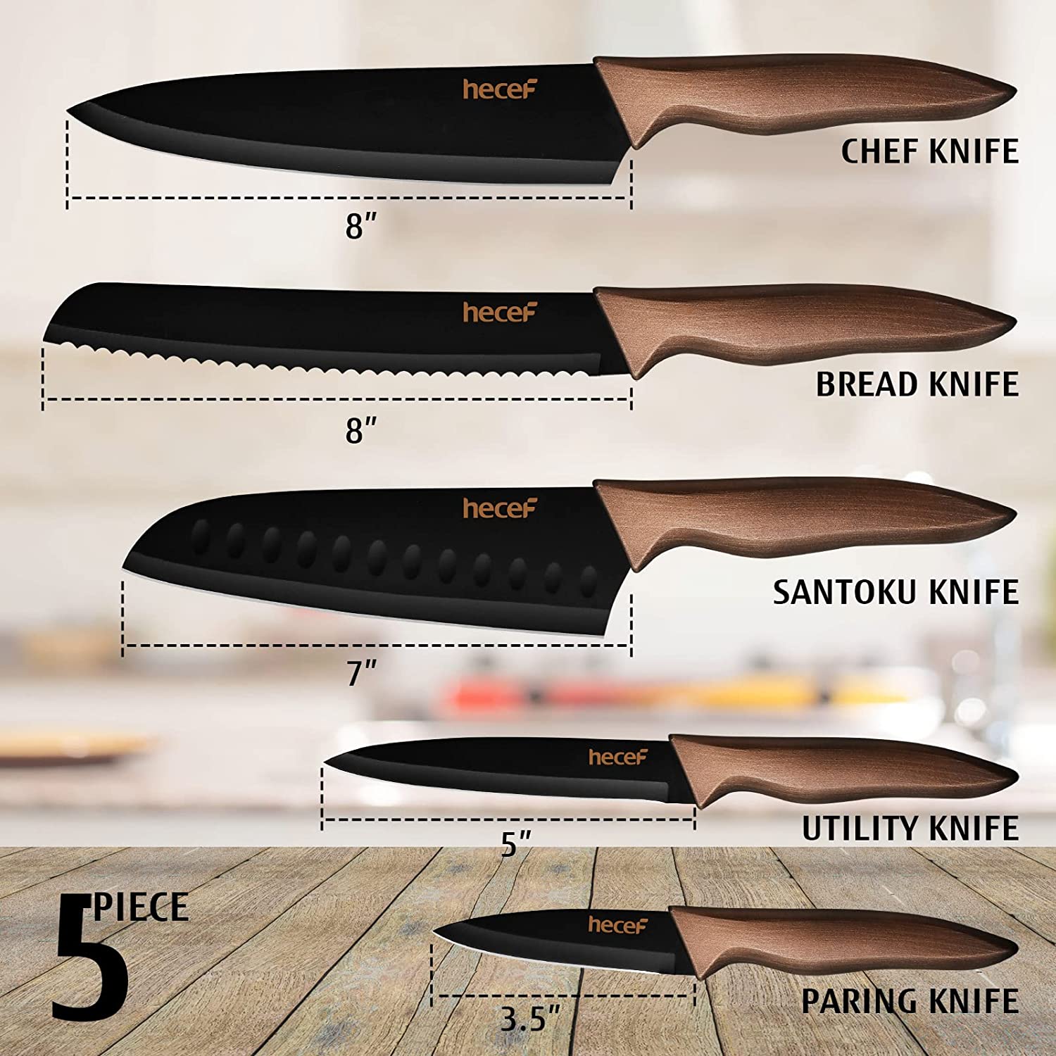 Hecef Kitchen Retro Black Bronze Knife Set of 5 with Knife Sheaths - Hecef Kitchen