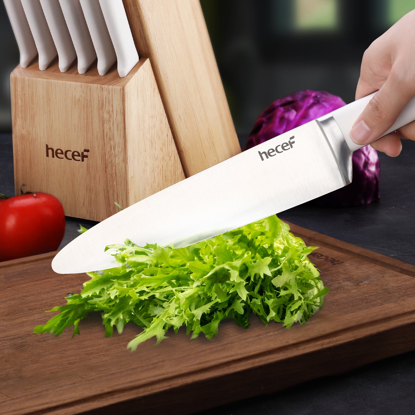 Hecef 15 PCS White Kitchen Knife Set with Wooden Block, Stainless Steel Ultra Sharp Kitchen Knife Set with 6 PCS Steak Knives, Meat Scissors, Sharpener Steel, Red Dot Design Award Winner 2022 - Hecef Kitchen