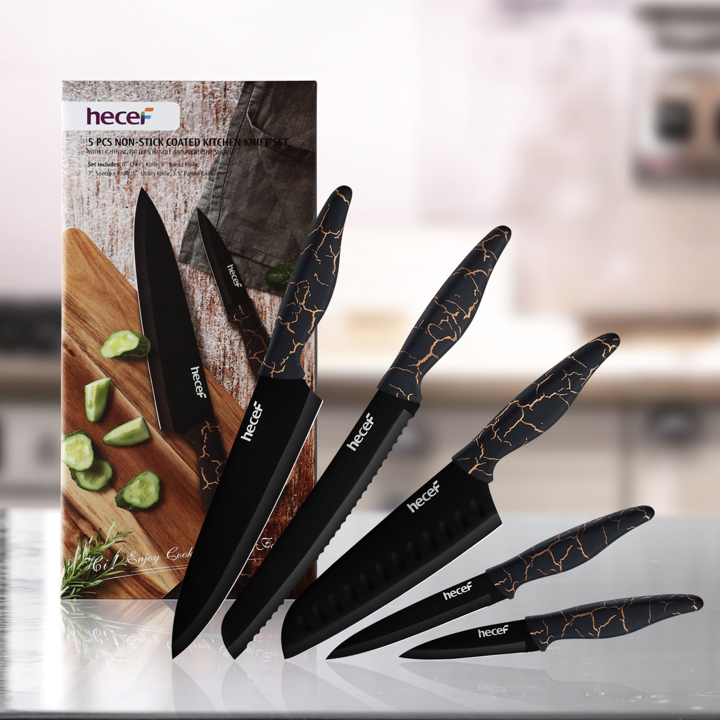 hecef 5 PCS Non-stick Coated Kitchen Knife Set with PP Handle and Protective Sheath, Exclusive Black Chef knife set, Scratch Resistance & Rust Proof (Lightning pattern) - Hecef Kitchen