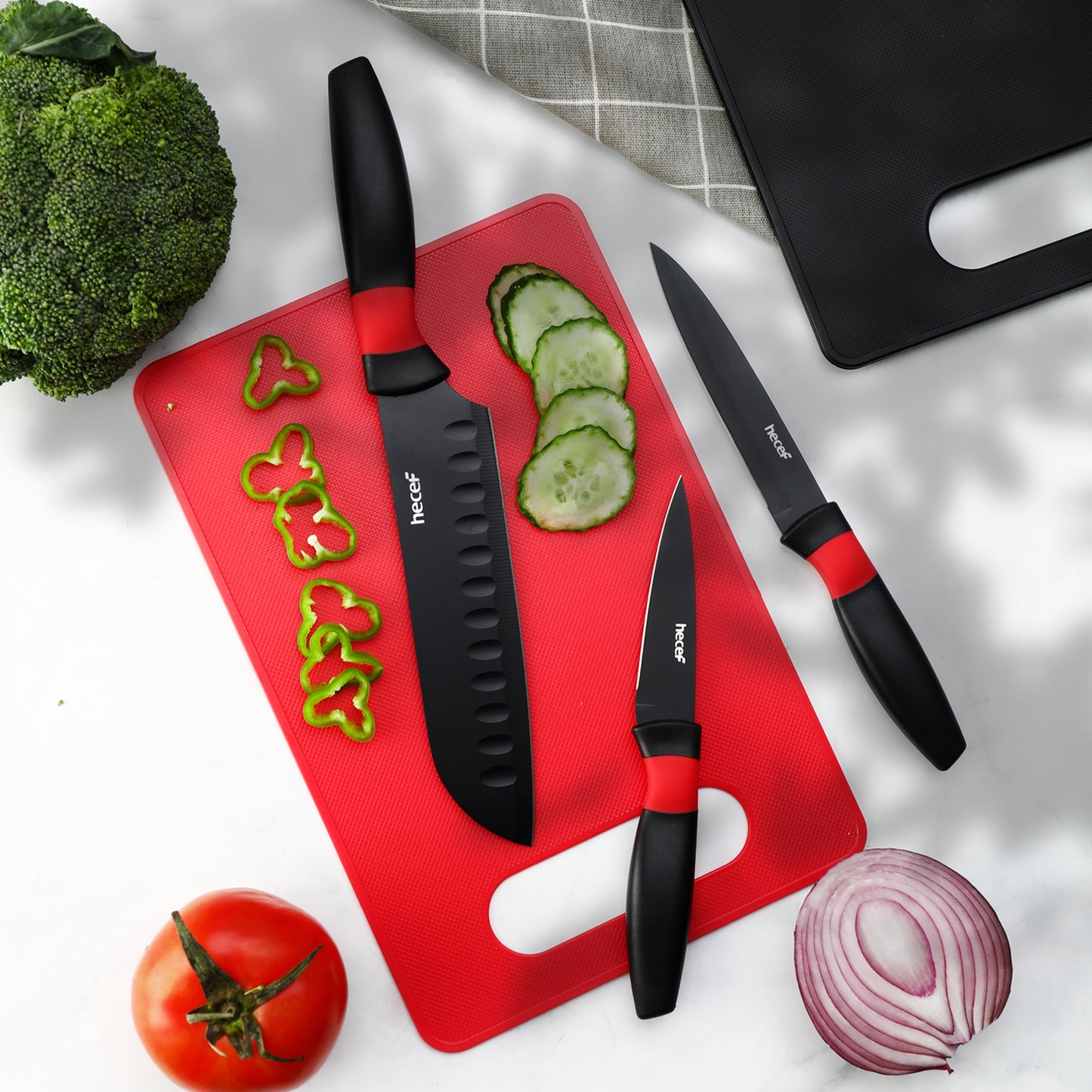 Hecef Kitchen Red Dot Knife Set of 8 with Cutting Boards & Sheaths - Hecef Kitchen