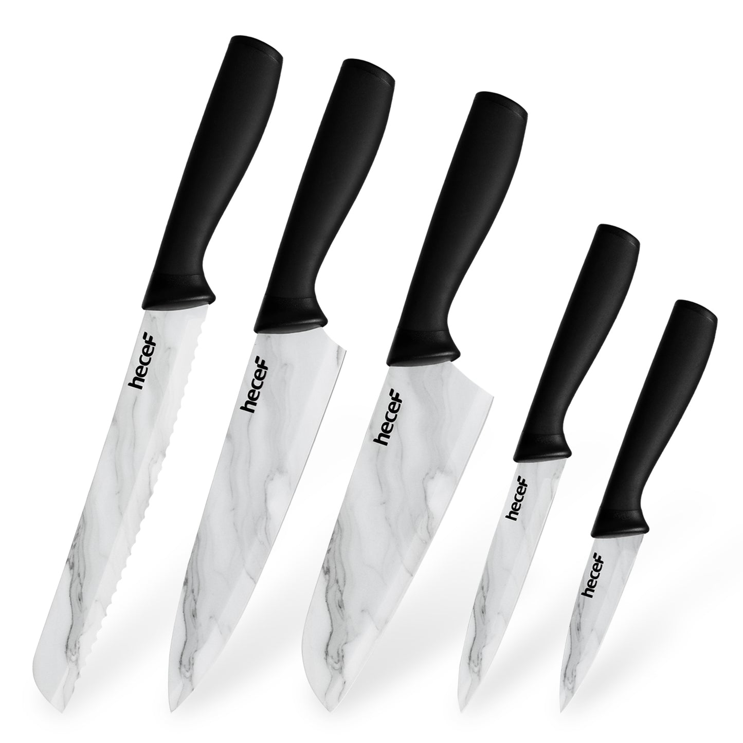 Kitchen Knife Set with Marble Pattern, Non-stick Ceramic Coated Stainless Steel Blades with Protective Sheaths, Professional Chef Knife Set for Kitchen, Restaurant, Camping - Hecef Kitchen