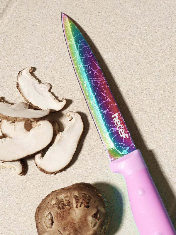 Hecef 14-Piece Kitchen Knife Set with Wooden Block Rainbow Blades,  Dishwasher Safe Titanium Coating Chef Knife Set 