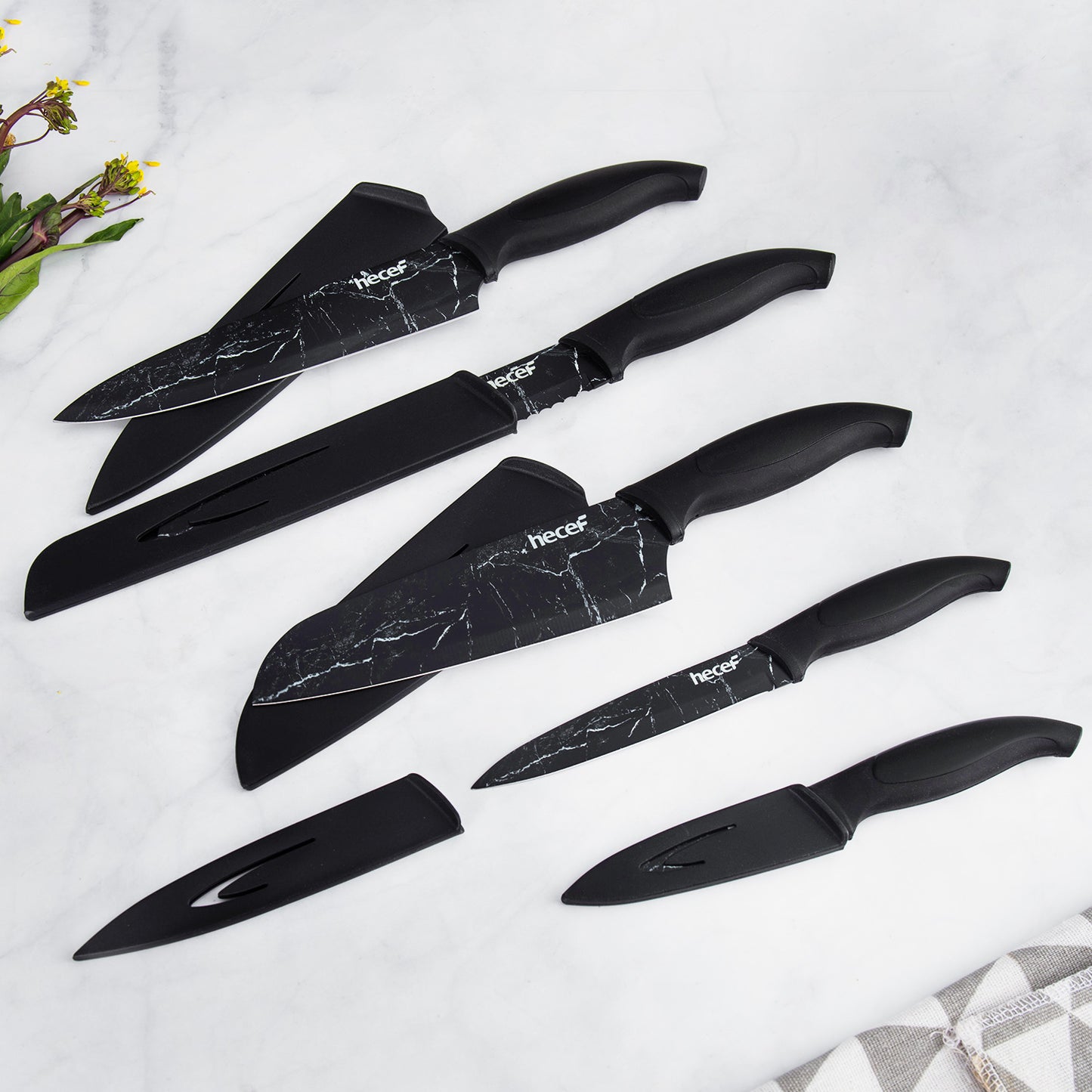 Hecef Kitchen Black Marble Knife Set of 5 with Knife Sheaths - Hecef Kitchen