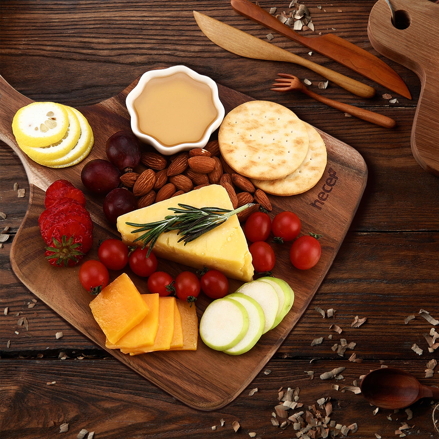 Hecef Acacia Wooden Cheese Board Gift Set with Cheese Knife & Fork - Hecef Kitchen