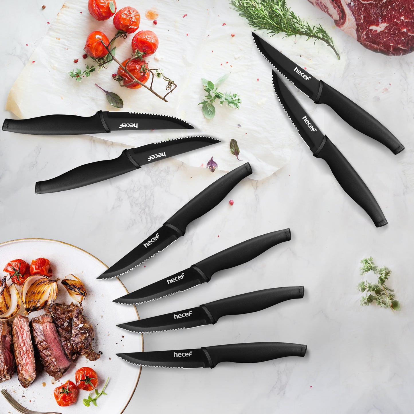 hecef Steak Knives Set of 8, Serrated Sharp Blade Black Oxide Steak Knives,  Stainless Steel Flatware Steak Knives Set for Kitchen and Dinner Table
