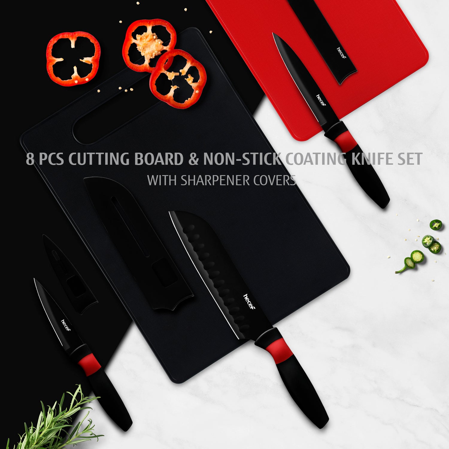8-Piece Unique Kitchen knife Set, hecef Knife and Cutting Board Set- 3 Black Stainless Steel Knives with Sheaths and 2 Chopping Mats, Ultra Sharp Knives for Home, Camping, RV, Travel, Picnic and BBQ - Hecef Kitchen