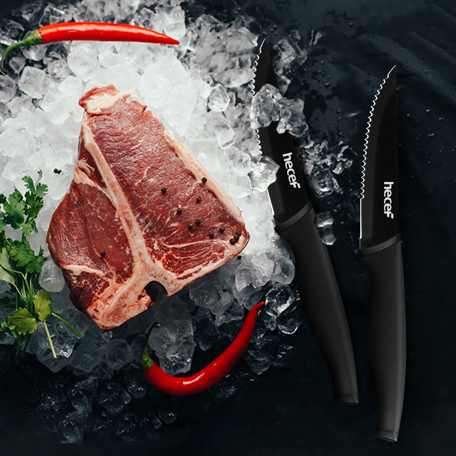 Hecef Steak Knives Set of 8, Serrated Sharp Blade Black Oxide