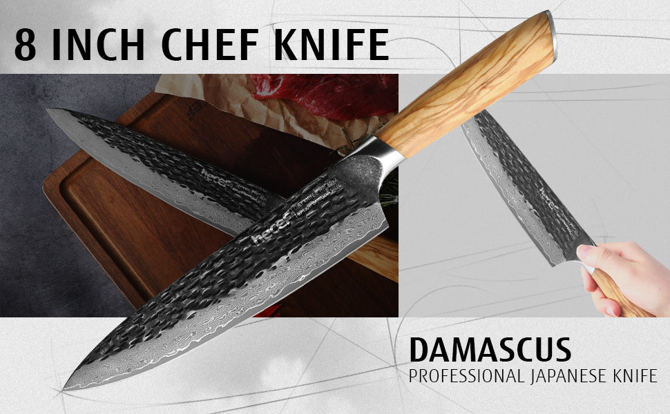 8" Professional Damascus Ultra Sharp Japanese Chef Knife with Ergonomic Olive Wood Handle, High Carbon Stainless Steel Kitchen Cooking Knife, Elegant Gift Box - Hecef Kitchen