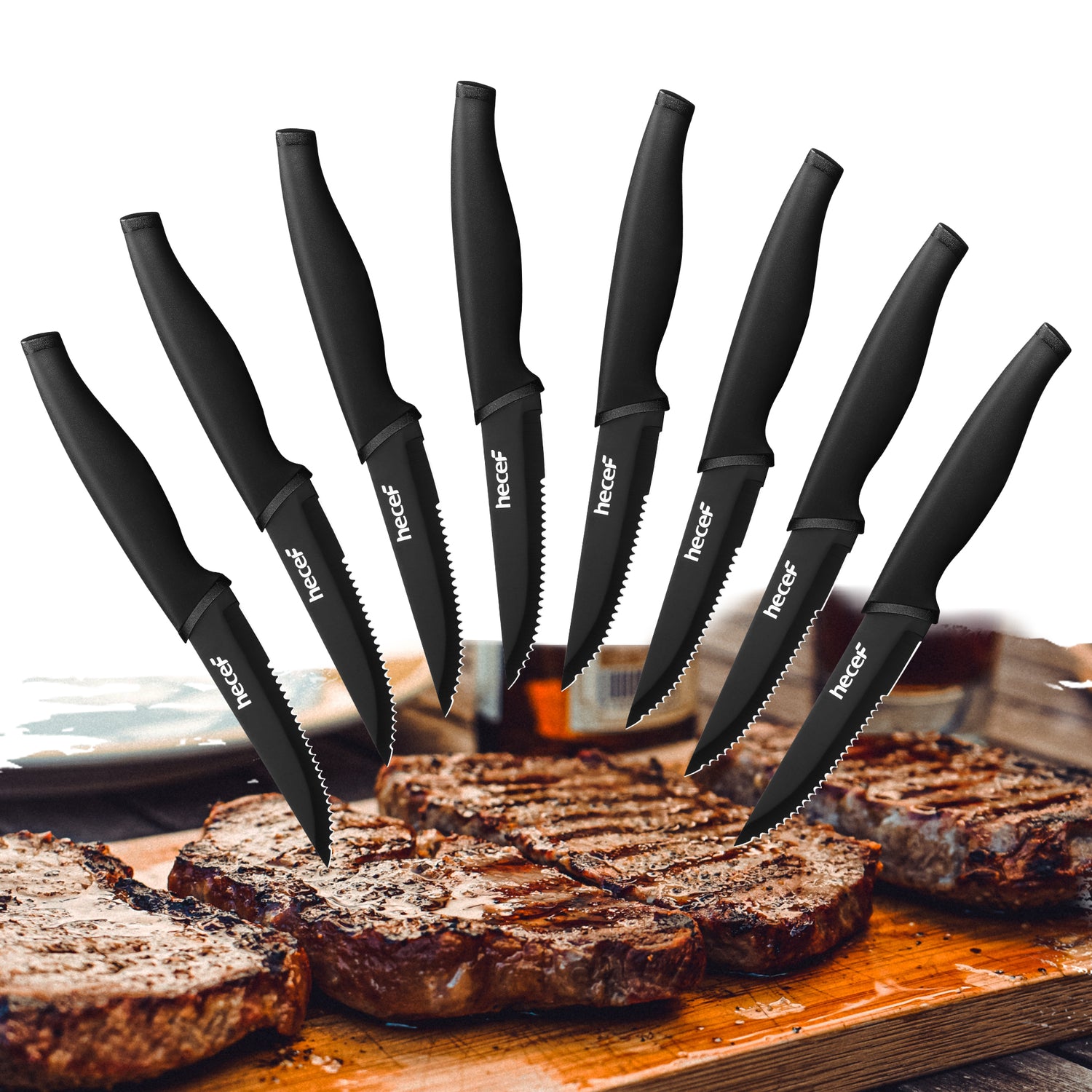 Hecef Steak Knives Set of 8, Serrated Sharp Blade Black Oxide Steak Kn –  Hecef Kitchen