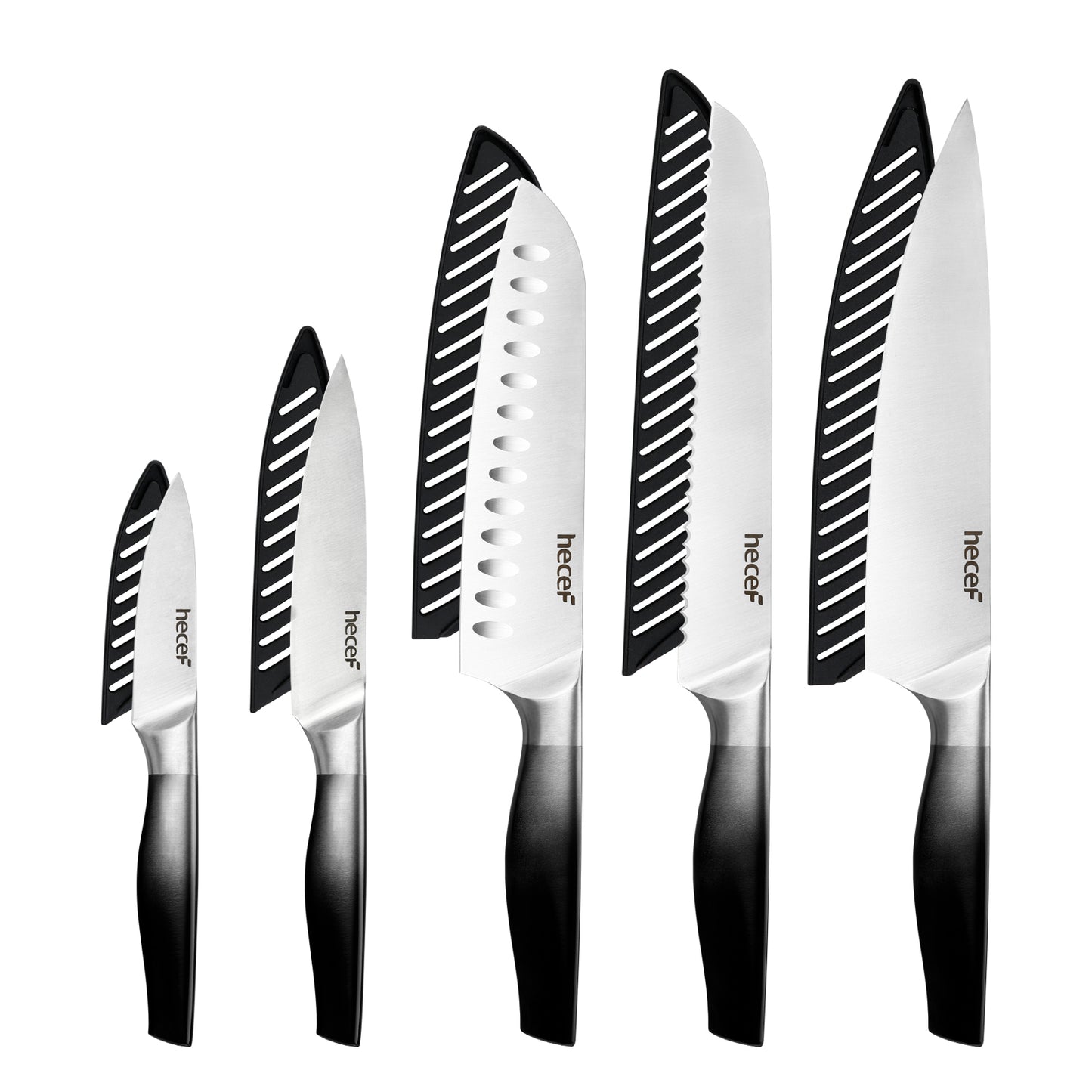 Black Gradient Kitchen Knives Set of 5 Chef's Knife Set with Satin Blade & Hollow Handle & Protective Covers Includes Cook, Santoku, Bread, All Purpose & Vegetable Knife - Hecef Kitchen