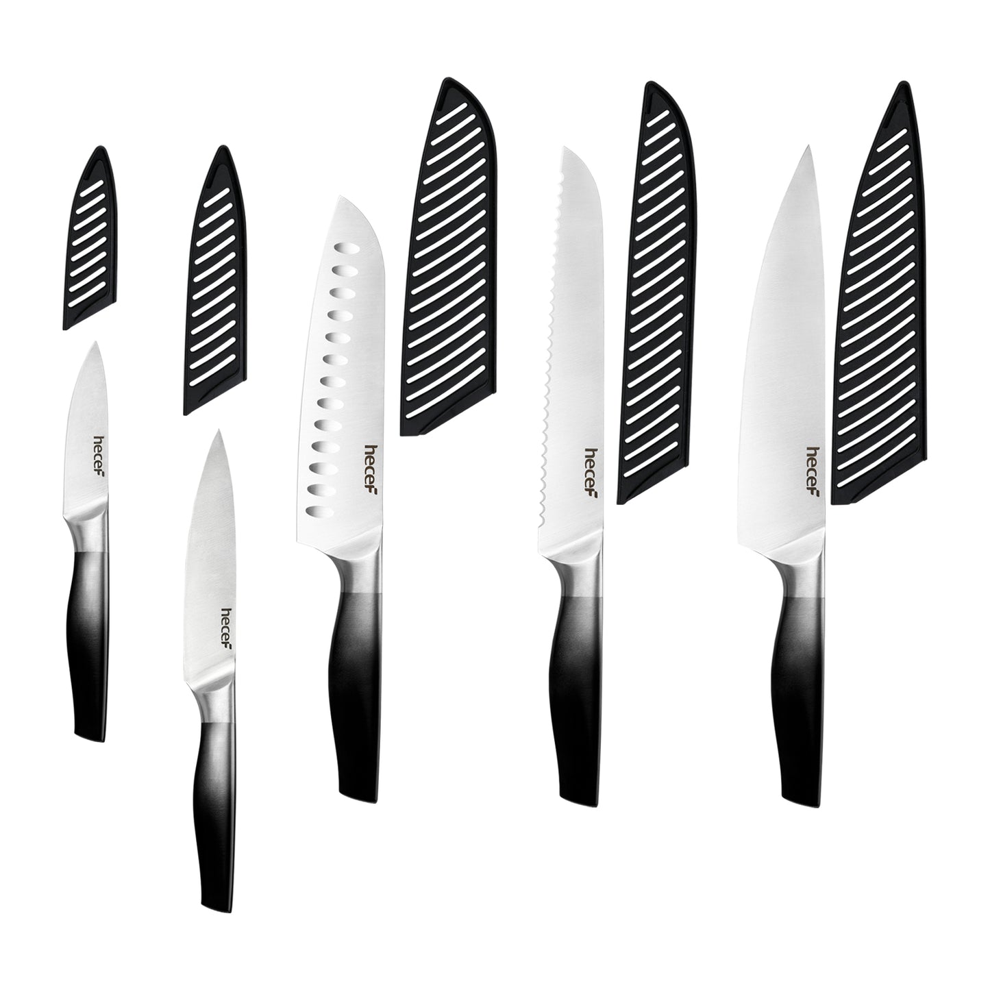 Black Gradient Kitchen Knives Set of 5 Chef's Knife Set with Satin Blade & Hollow Handle & Protective Covers Includes Cook, Santoku, Bread, All Purpose & Vegetable Knife - Hecef Kitchen