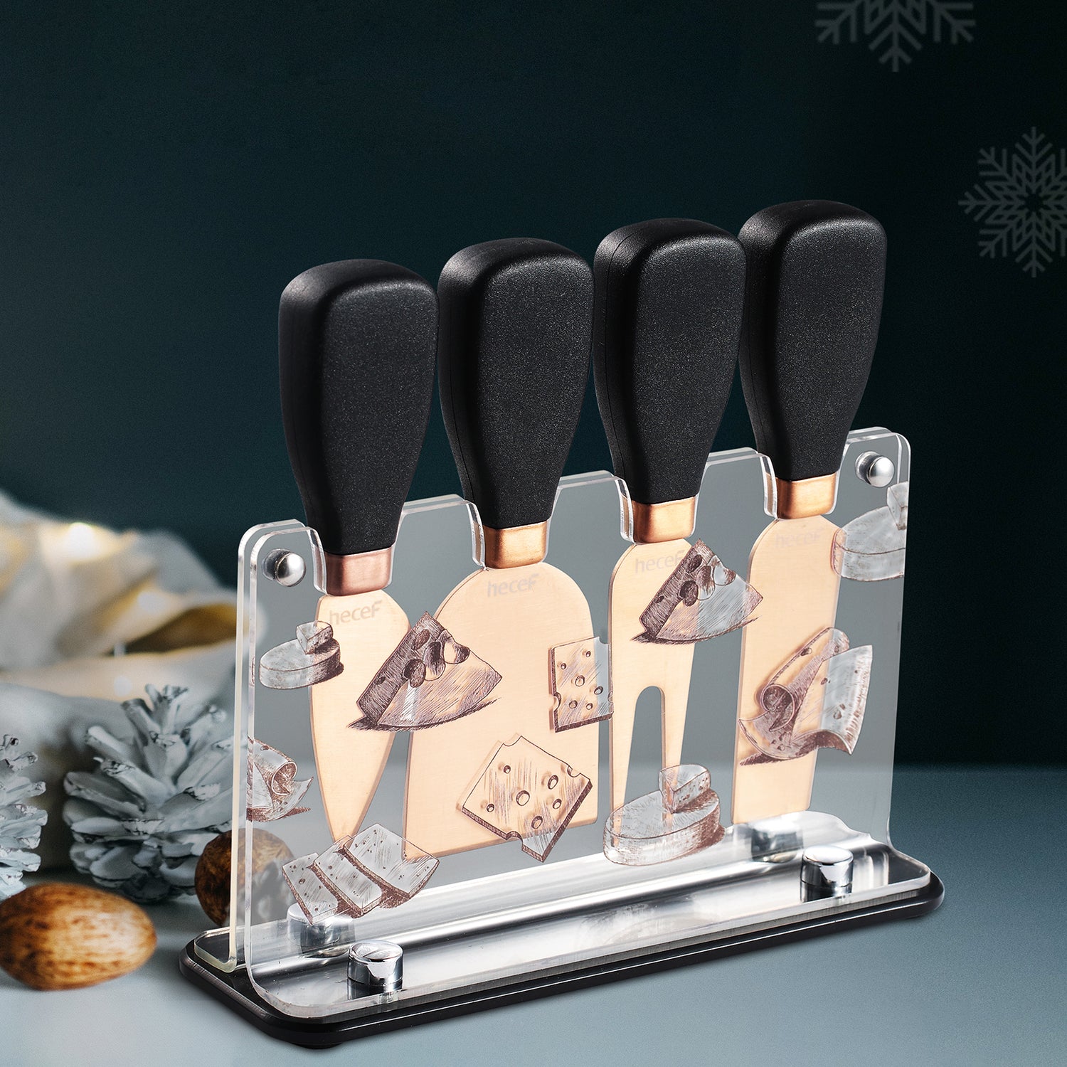 Hecef Kitchen Black Golden Cheese Knife Set of 5 with Acrylic Stand - Hecef Kitchen